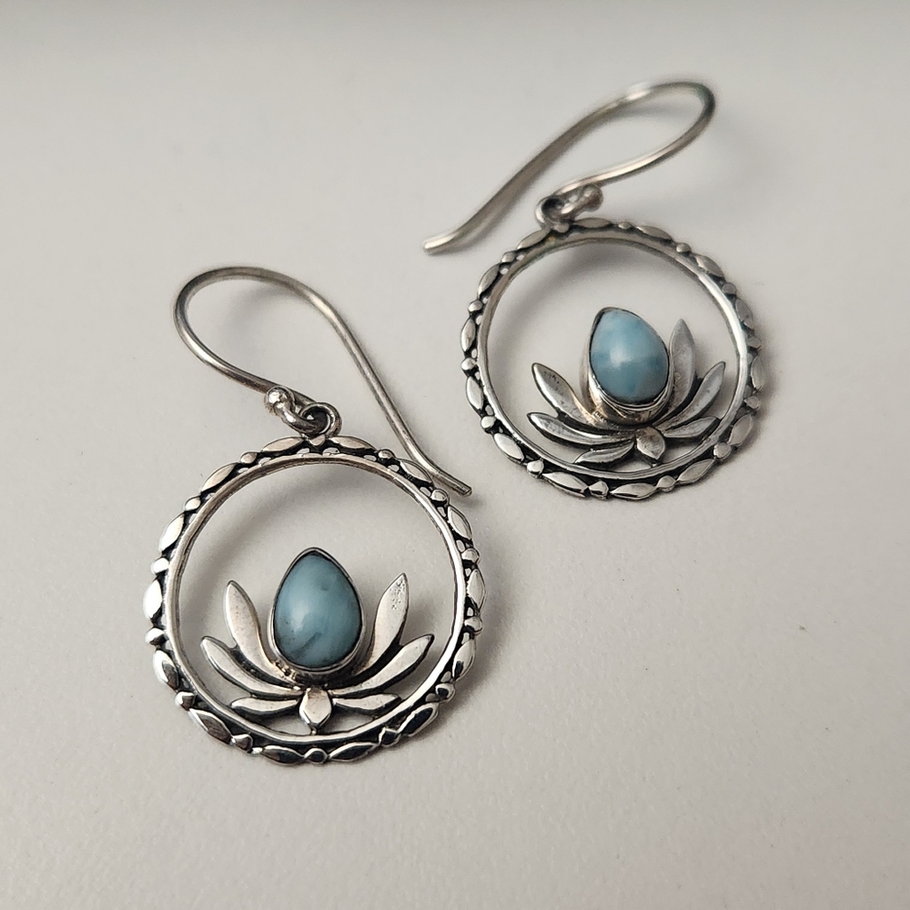Larimar Sterling Silver Lotus Earrings